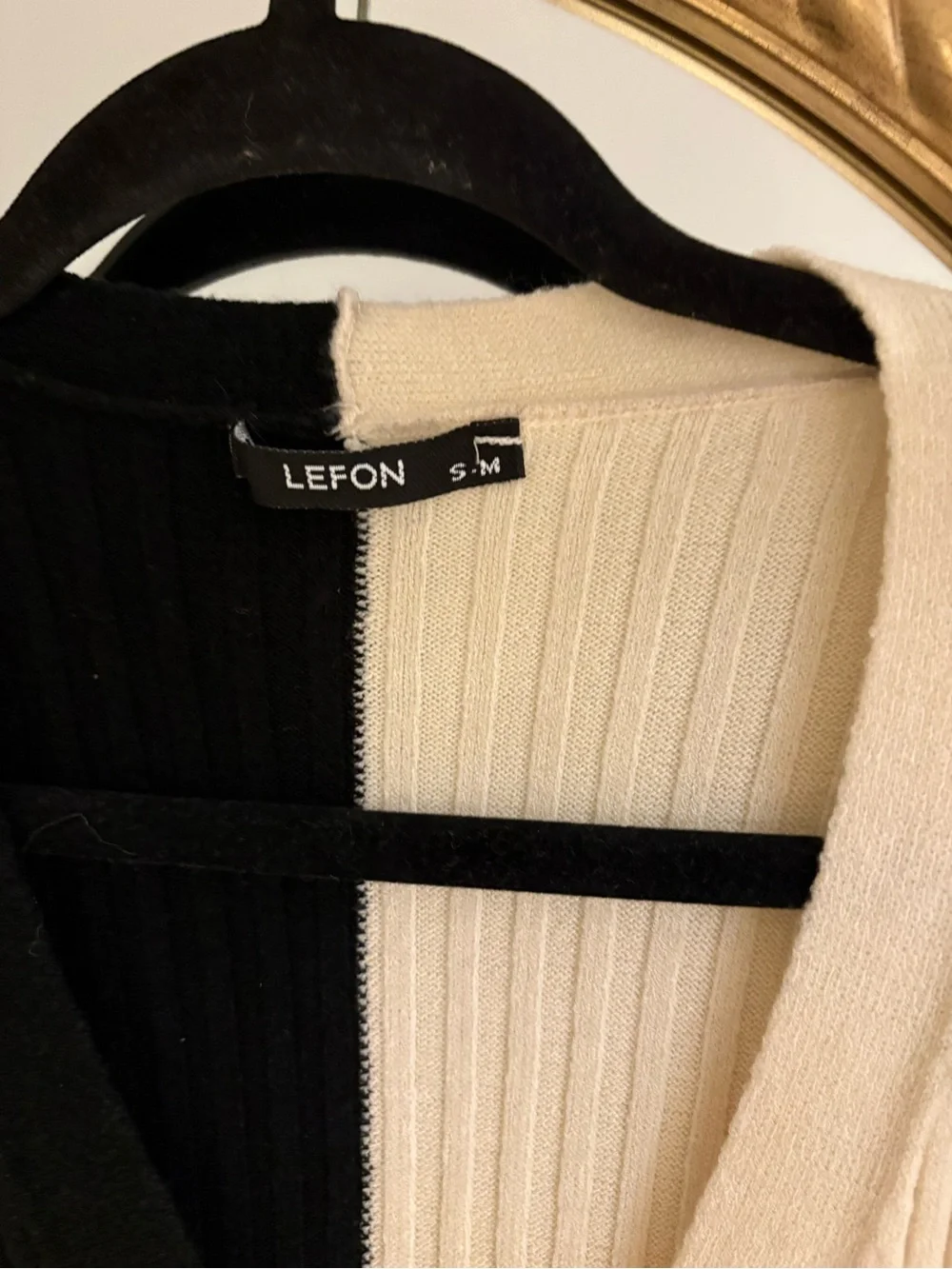 Lefton Two-Tone Black and Cream Ribbed Button-Front Long Sleeve Dress